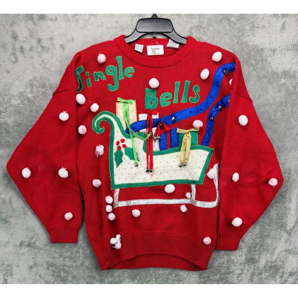 VTG 80's Bonnie and Bill By Holly Jingle Bells Sweater Size L Red Knit
